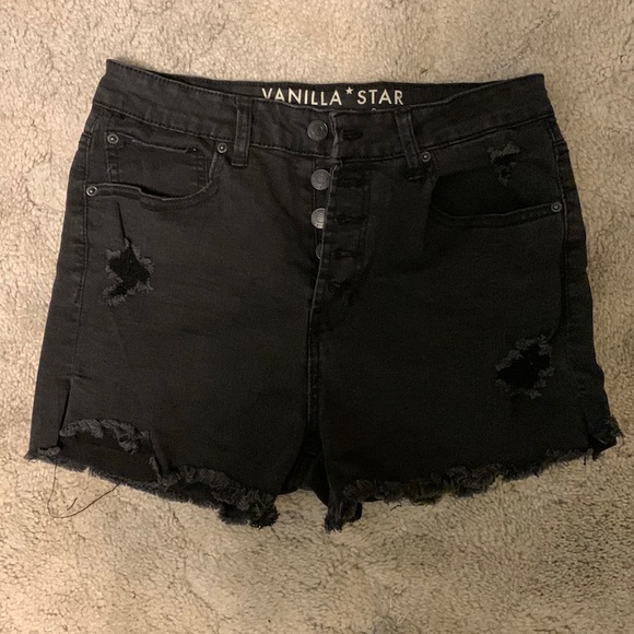 Vanilla Star Brand Distressed Highwaisted Black Jean Shorts - Picture 1 of 8